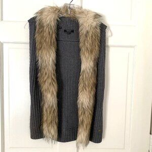 Guess Vest Faux Fur Trim Knit Sweater Gray Medium